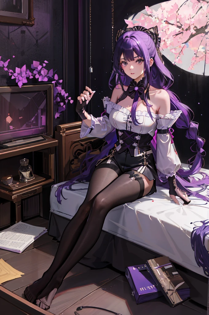 "Morning white flower greenland wide atmosphere, stunning 4k artwork featuring a beautiful mature lady with long flowing tied ribbon dark-purple hair. She have blue eyes. She was wearing baroness clothes. She sat by the beautiful white flower and her smile was very warm with her two eyes closed."
