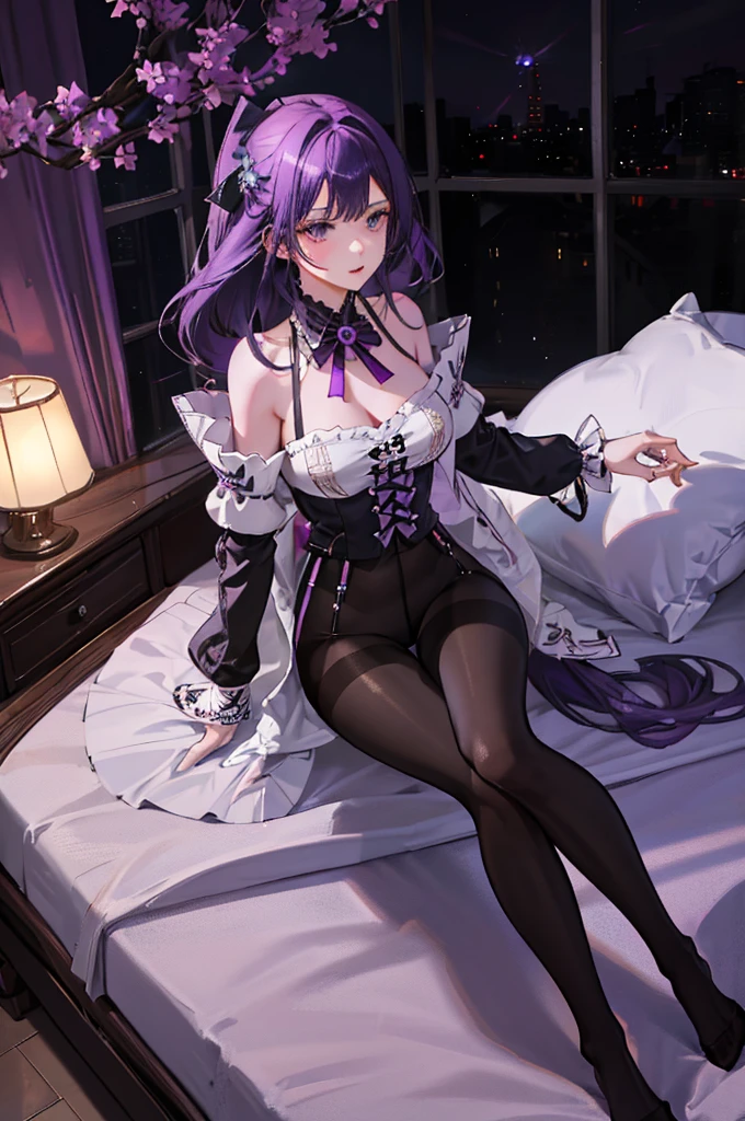 (((1 girl)),ray tracing,(dim lighting),[detailed background (bedroom)),((purple hair)),((purple hair)),(Fluffy purple hair, plump slender girl)) with high ponytail)))) Avoid blonde eyes in the ominous bedroom ((((Girl wears intricately embroidered black high-waisted pants with pantyhose) and white ruffled bow gloves), showing a delicate slim figure and graceful curves, correct limbs, sitting on the bed