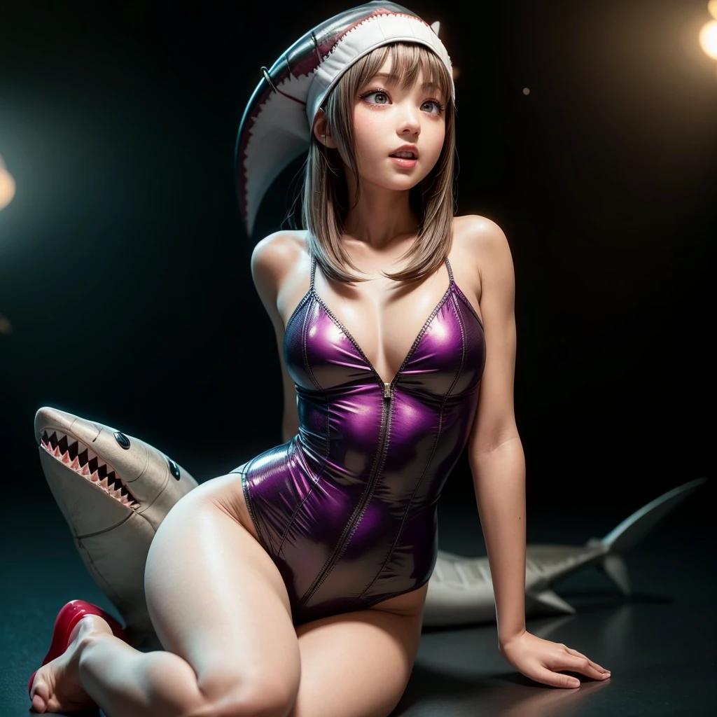  ((Skinny Shark BodySuit, (Stuffed shark head cap)with White Teeth)), 8k, High-level, absurd, masterpiece, best quality, primitive, very detailed CG, very detailed wallpaper, perfect lighting, Extremely detailed ((( personifying " Shark" as a Little Girl))), MysticSight, Tyndall effect, Tyndall scattering, (Studio gray background with (Overflowing oodles Dazzling RainbowColorParticles (BokeH))), (Blood Red short hair, RoundlyButts, Leg Fins installed), (Exposed:0.4), (Assfocus with looking ahead) BREAK  (Acutance:0.88), (NOGIZAKA face variations) Extremely Detailed very KAWAII face variations, perfect anatomy, Childish, CaptivatingGaze ElaboratePupils detailed Eyes with (sparkling highlights:1.28), (Voluminous LongEyelashes:0.88)、GlossyRED Lips with beautiful details, RosyCheeks, Radiant PearlSkin with Transparency . { (Dynamic LifeLike expressions:1.4) | (:d) }, (large eyes:-1) . ((animal ears:-1.2))