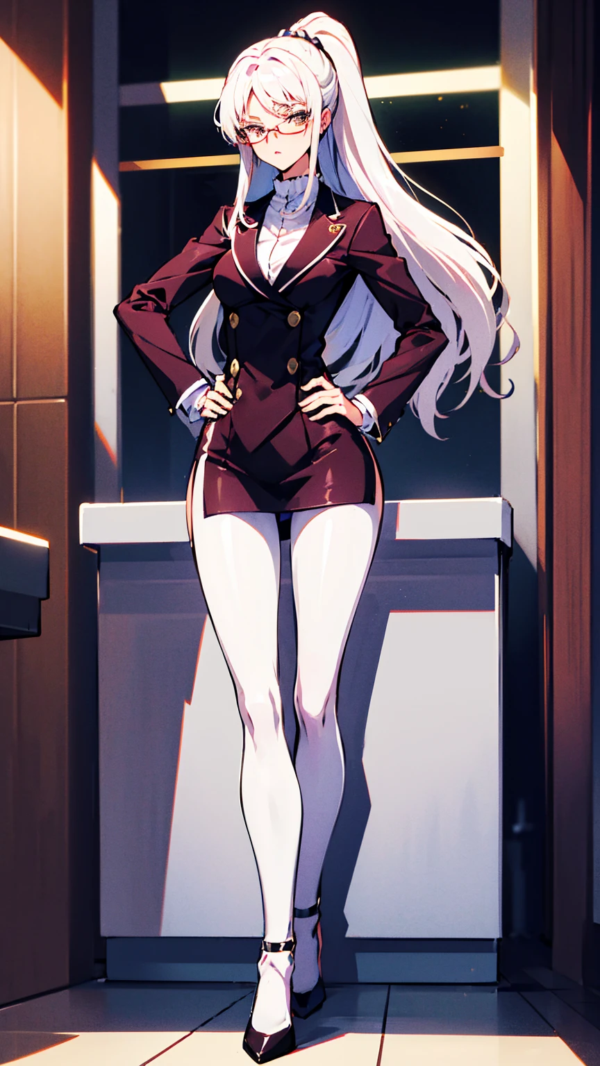 Domineering female president,Slim,White hair,长White hair,in office,full-body shot,Black pantyhose,High heel,wear glasses,Long Law,High target,Wearing a black suit,Put your hands behind your back