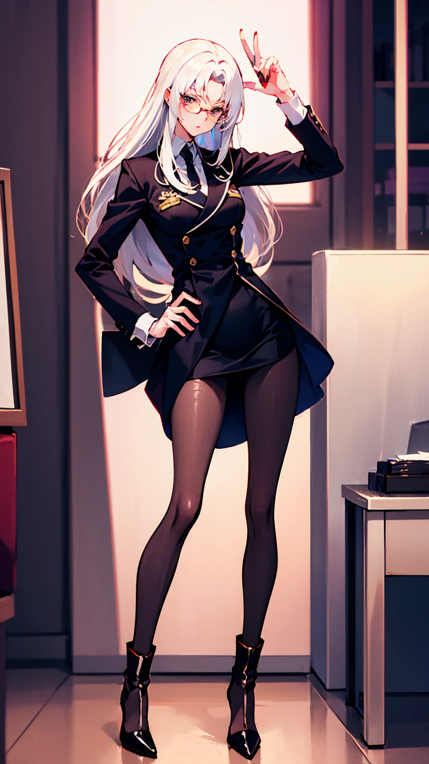 Domineering female president,Slim,White hair,长White hair,in office,full-body shot,Black pantyhose,High heel,wear glasses,Long Law,High target,Wearing a black suit,Put your hands behind your back
