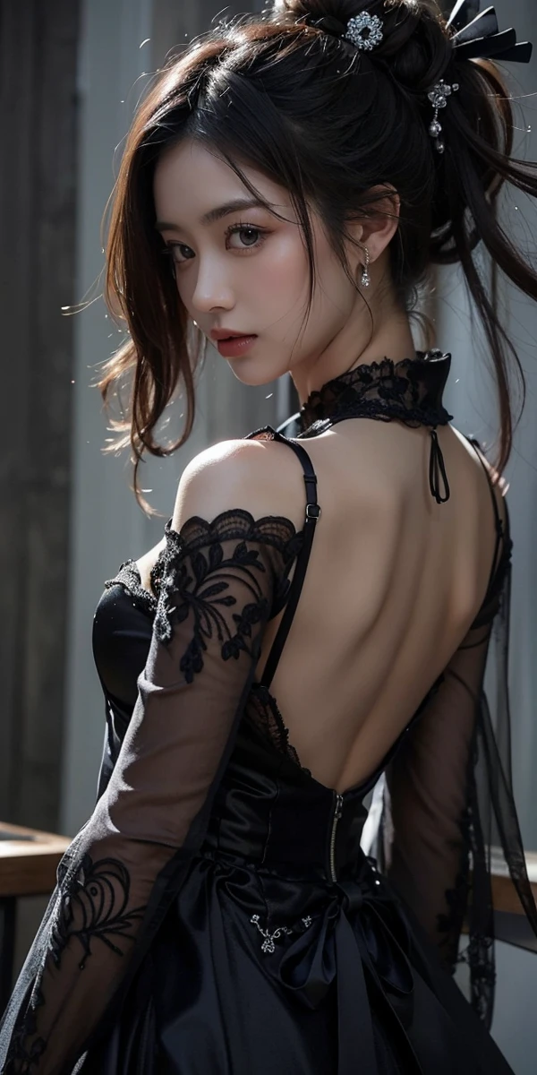 Beautiful Japanese Waifu, early 30s, brunette hair, black luxurious lace dress