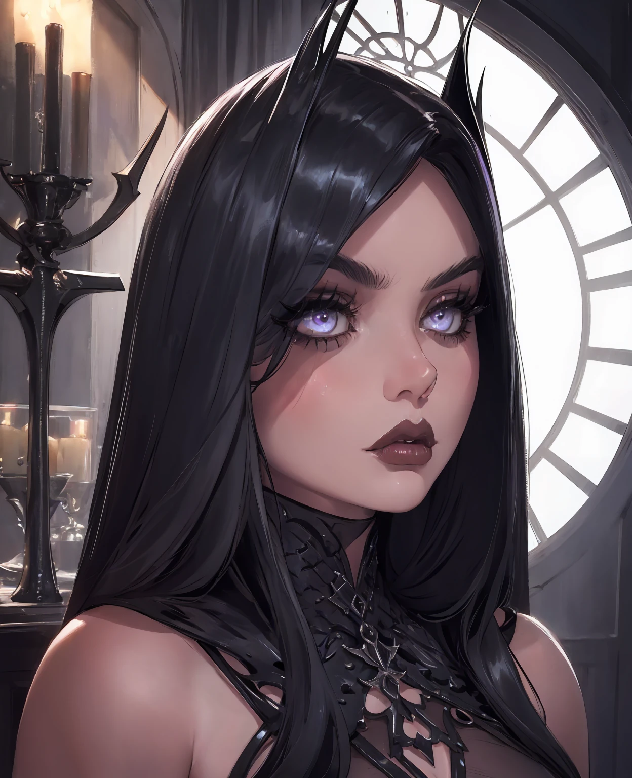 a beautiful evil witch, beautiful detailed eyes, beautiful detailed lips, extremely detailed eyes and face, long eyelashes, dramatic dark makeup, flowing black hair, dark hooded robe, sinister expression, dark moody lighting, cinematic dramatic lighting, dark fantasy, dark gothic, digital painting, concept art, highly detailed, 8k, photorealistic, masterpiece