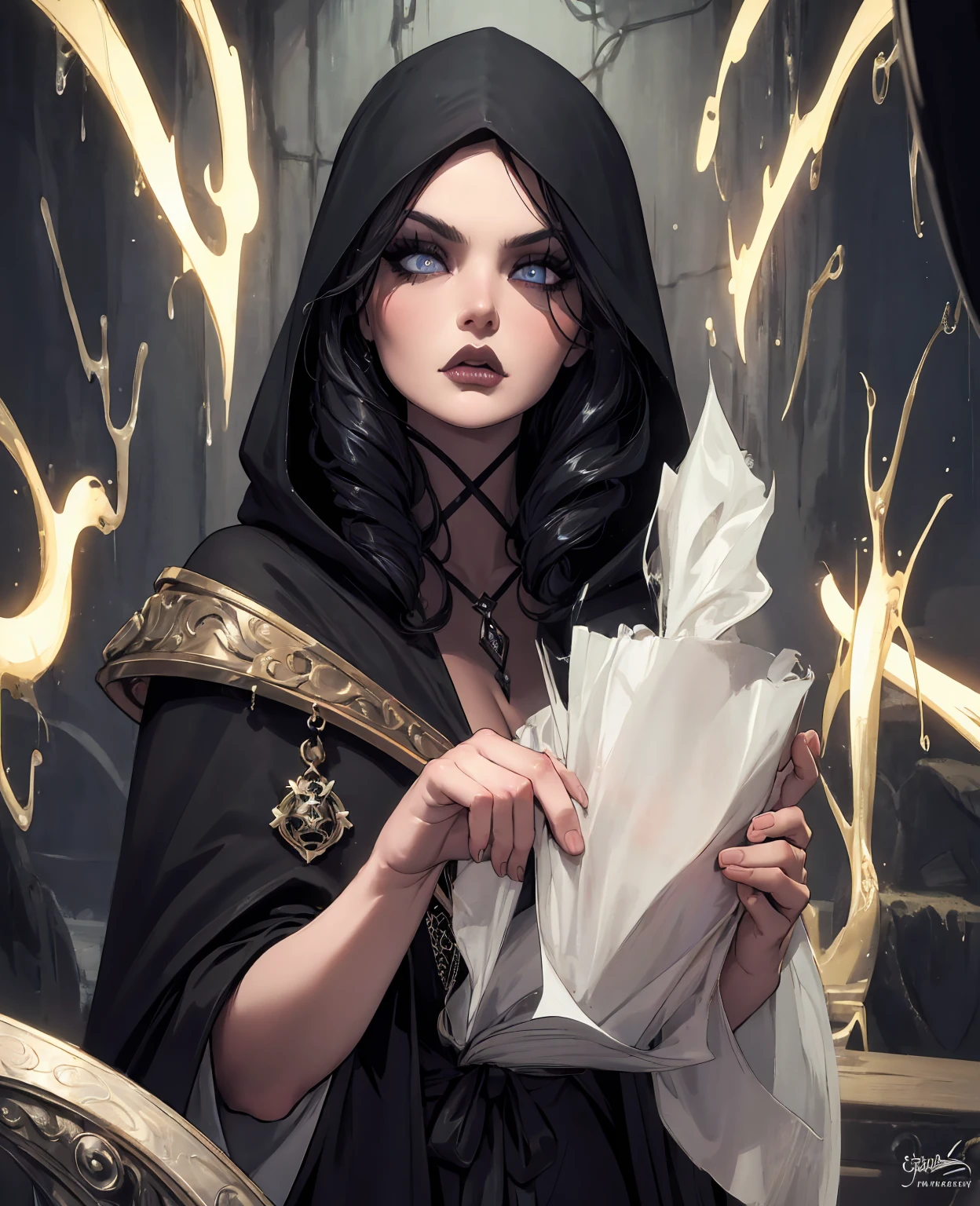 a beautiful evil witch, beautiful detailed eyes, beautiful detailed lips, extremely detailed eyes and face, long eyelashes, dramatic dark makeup, flowing black hair, dark hooded robe, sinister expression, dark moody lighting, cinematic dramatic lighting, dark fantasy, dark gothic, digital painting, concept art, highly detailed, 8k, photorealistic, masterpiece