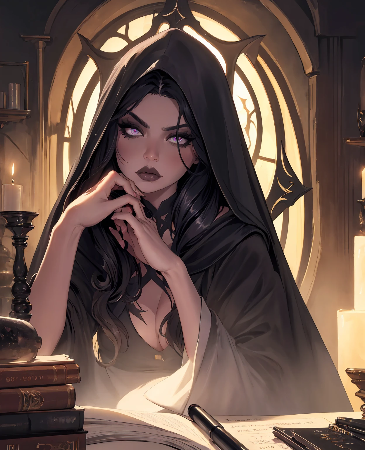 a beautiful evil witch, beautiful detailed eyes, beautiful detailed lips, extremely detailed eyes and face, long eyelashes, dramatic dark makeup, flowing black hair, dark hooded robe, sinister expression, dark moody lighting, cinematic dramatic lighting, dark fantasy, dark gothic, digital painting, concept art, highly detailed, 8k, photorealistic, masterpiece