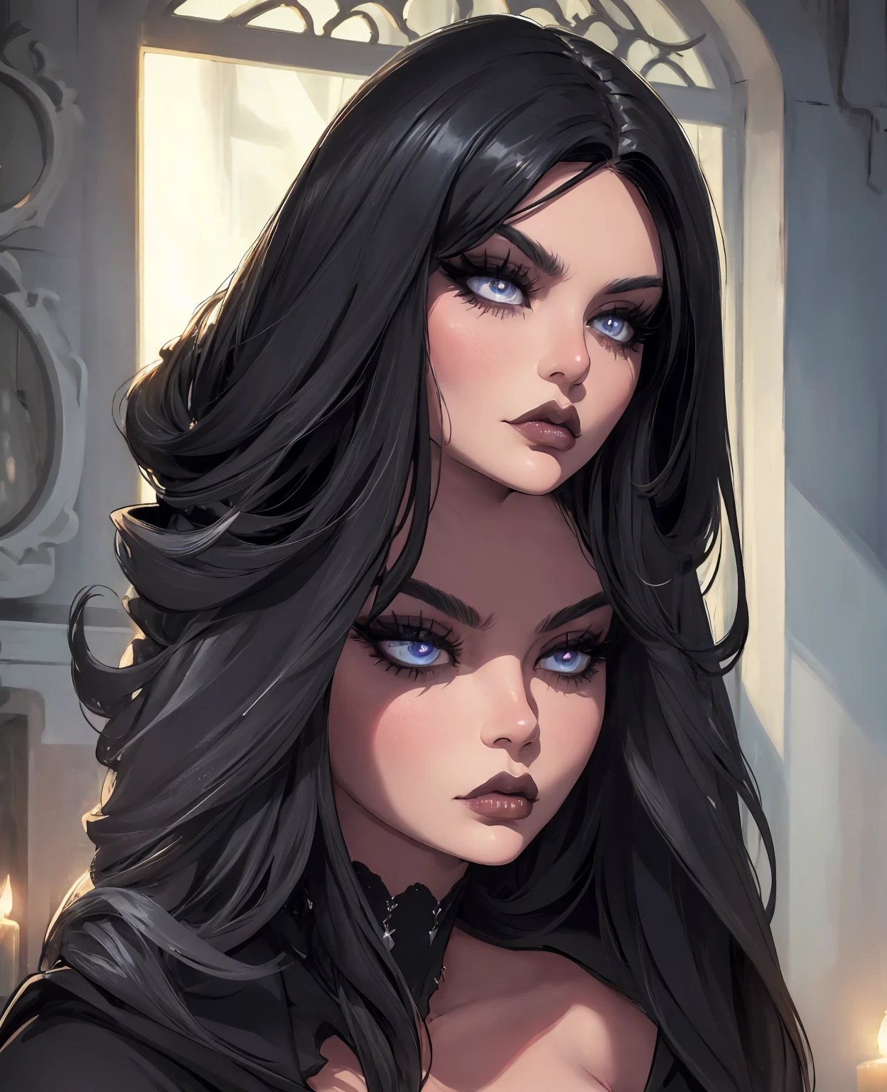 a beautiful evil witch, beautiful detailed eyes, beautiful detailed lips, extremely detailed eyes and face, long eyelashes, dramatic dark makeup, flowing black hair, dark hooded robe, sinister expression, dark moody lighting, cinematic dramatic lighting, dark fantasy, dark gothic, digital painting, concept art, highly detailed, 8k, photorealistic, masterpiece