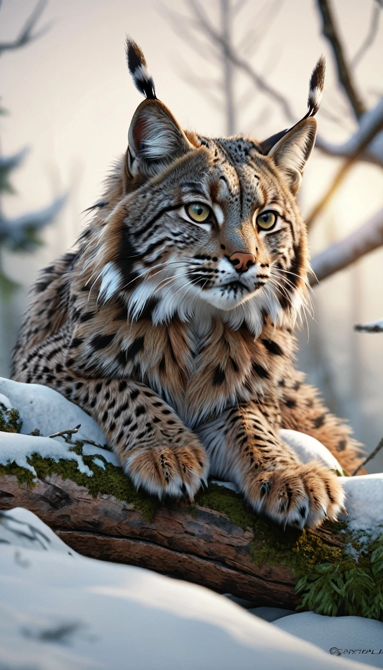 There is a beast in the forest，Long hair on the head，Looks like a bobcat，Mysterious Creatures, shrike, (best quality，4K，8K，High level，masterpiece：1.2），Ultra Detailed，（lifelike，Photo real，Photo real：1.37），Highly detailed animals，Complex patterns，Realistic lighting，Fantasy Creatures