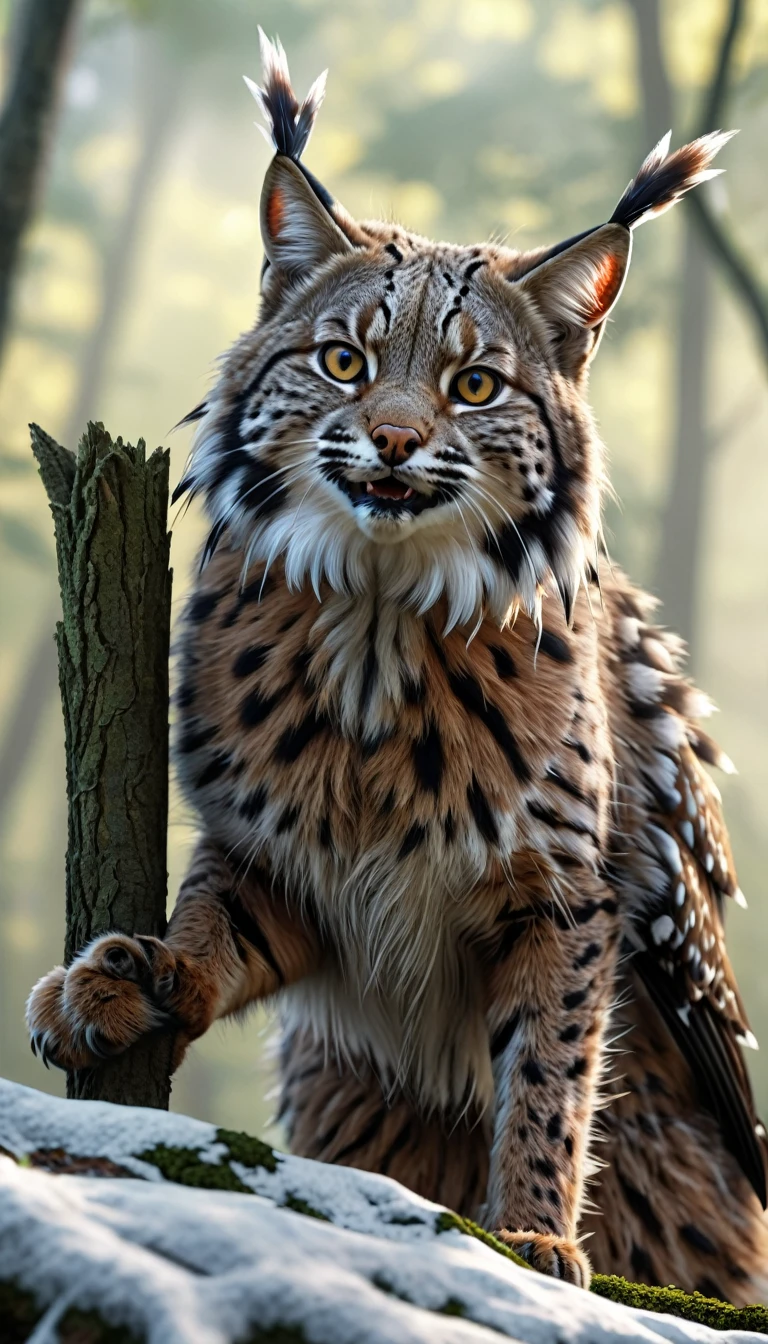There is a beast in the forest，Long hair on the head，Looks like a bobcat，Mysterious Creatures, shrike, (best quality，4K，8K，High level，masterpiece：1.2），Ultra Detailed，（lifelike，Photo real，Photo real：1.37），Highly detailed animals，Complex patterns，Realistic lighting，Fantasy Creatures