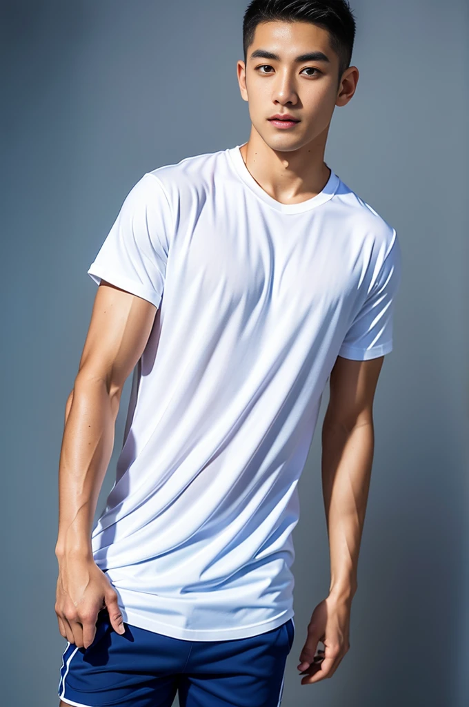 1 Handsome naked Japanese guy ,Sexy pose, A 20 year-old man wearing a Bare chest shirt and Excellent shorts stands against a white background, navy blue, navy blue, Sports T-shirt, blue, Excellent Sportswear, Gorgeous and sexy clothes, Sportswear, Short sleeve, Jinjinshen blue clothes, tall young man, Tennis Clothes, Wearing sportswear, dark blue decorative clothing,male,Bare chest, Handsome,High,Muscles look good,hairy body,Sexy expressions, Wheat skin color,black eyes(Fine eye 1:3),Full body image, Excellent, perfect dick shape, Perfect hand details,Detailed you, , Big juicy ass, Open your legs