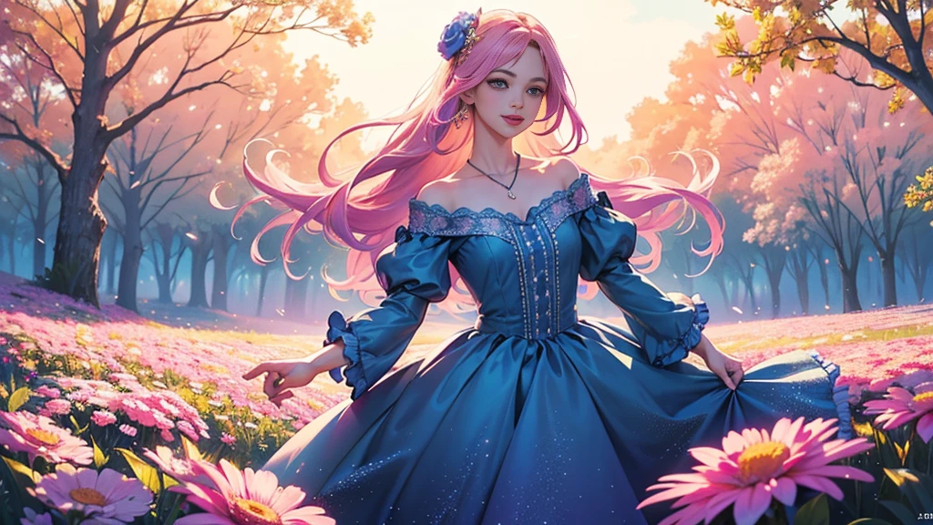 (Highest quality,4K,8K,High resolution,masterpiece:1.2),Very detailed,(now,Realisticに,Realistic:1.37),girl in a luxurious blue dress,His eyes were sparkling with joy, Her lips were slightly curved,Show a kind smile. The sun casts a warm golden light on her face, Enhance her beauty. The flowers are bright pink and purple、A wide range of soft pastel colors。, Create a harmonious and visually pleasing composition. Soft and diffuse lighting, Creates a dreamy and fantastical atmosphere. girl standing in the middle of the field, Please raise your arms a little, Enjoy the beauty of nature. Carefully Balanced Formula, girl'Off-center position, Create a sense of movement and vitality. The flowers are carefully painted in detail...., Each petal and leaf is carefully depicted.. girl'The skirt wraps her elegantly, Adds elegance and femininity to any occasion. all-inclusive, Works that evoke happy feelings, Enshrine, Appreciation for the beauty of nature.........