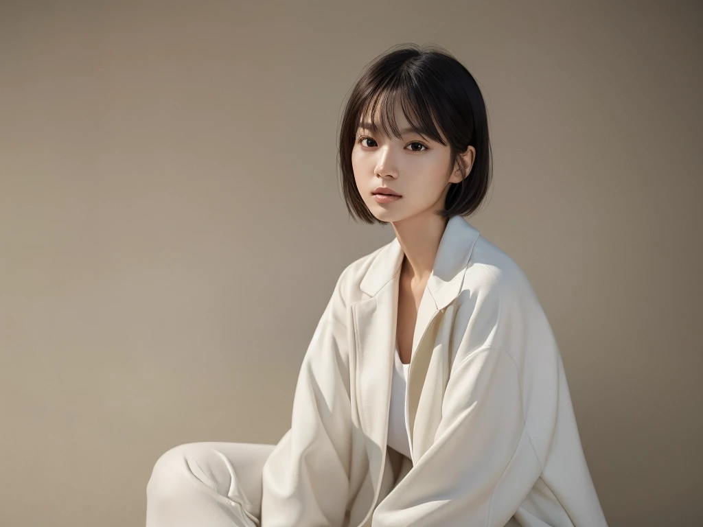 Hyperrealistic portrait of a young Japanese woman in her early 20s, (8k resolution:1.2), (photorealistic:1.3), (ultra-detailed:1.2), perfect facial features, flawless skin, natural makeup, short straight hair, wearing a white jacket, standing indoors against a simple background, soft natural lighting, shallow depth of field, shot on Canon EOS R5, 85mm f/1.4 lens, magazine cover quality, minimalist fashion editorial style, neutral colors, high contrast, sharp focus on eyes, elegant and relaxed expression, high-end production value, retouched by industry professionals, lifelike textures, natural skin tones, perfect composition, model-like proportions, commercial appeal. Front View.