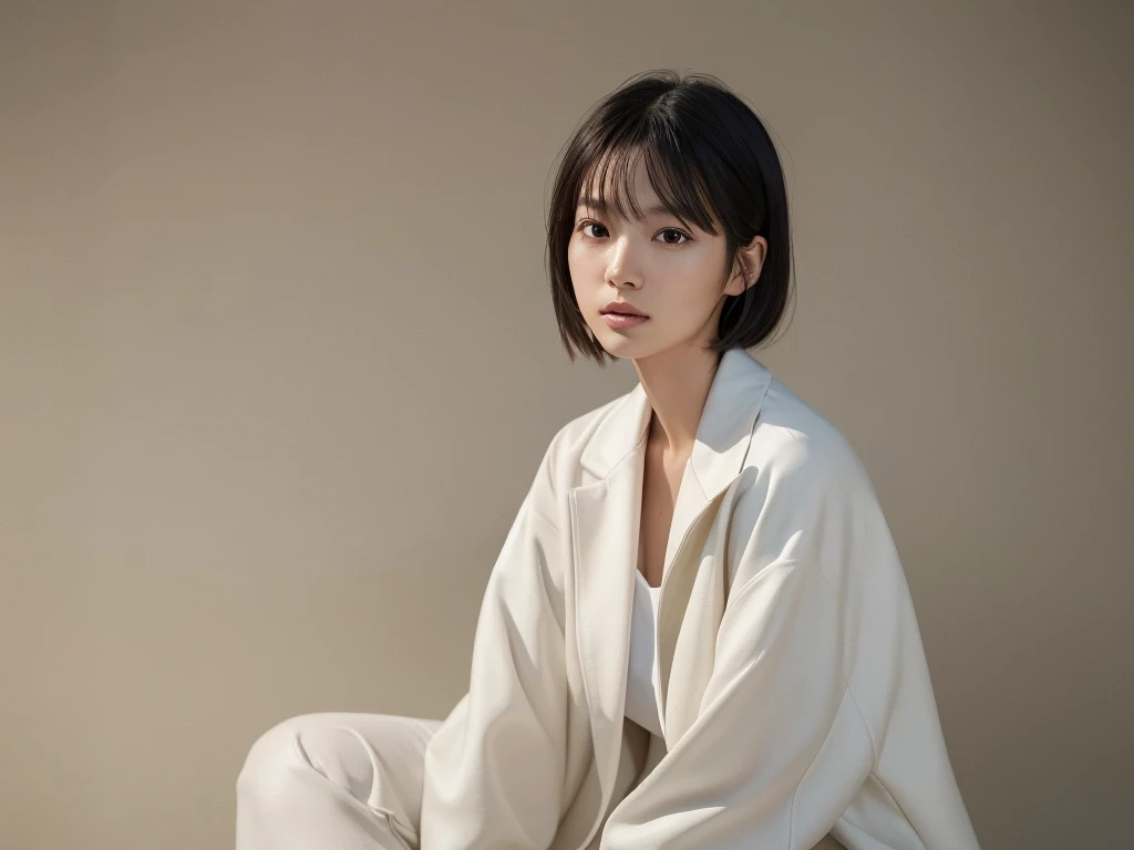 Hyperrealistic portrait of a young Japanese woman in her early 20s, (8k resolution:1.2), (photorealistic:1.3), (ultra-detailed:1.2), perfect facial features, flawless skin, natural makeup, short straight hair, wearing a white jacket, standing indoors against a simple background, soft natural lighting, shallow depth of field, shot on Canon EOS R5, 85mm f/1.4 lens, magazine cover quality, minimalist fashion editorial style, neutral colors, high contrast, sharp focus on eyes, elegant and relaxed expression, high-end production value, retouched by industry professionals, lifelike textures, natural skin tones, perfect composition, model-like proportions, commercial appeal. Front View.