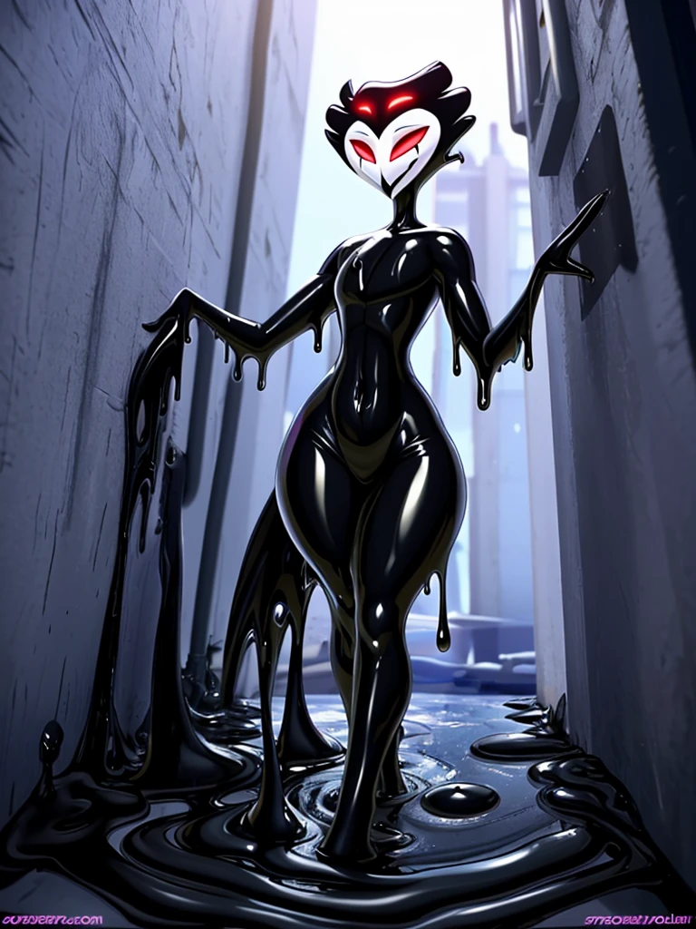 Tanraak (style), ((masterpiece)), ((8k quality)), (no watermark), stolas, male, leaning in alley, sleek, shiny black slime body, long tail feathers, shiny, slick, goo, gooey, wide hips, white pupils, black goo, black goo puddle, dripping goo, black body,