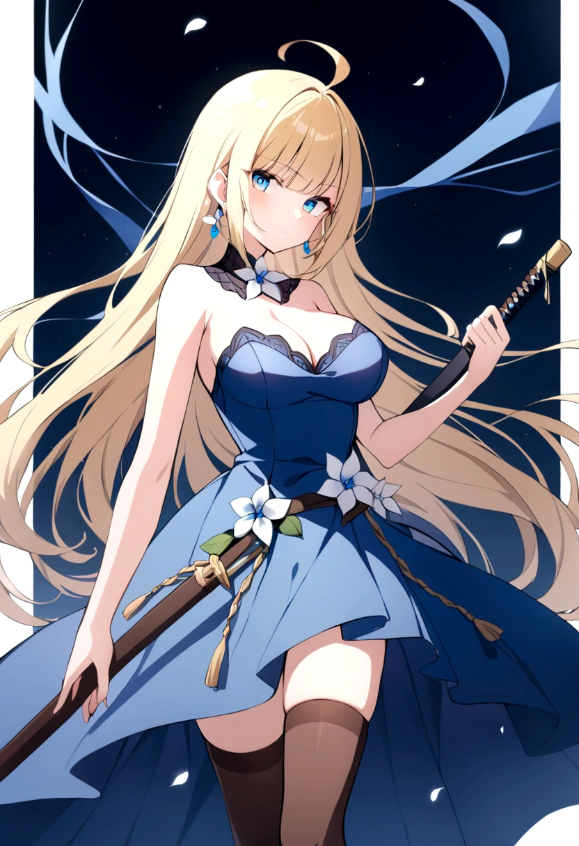 slender, mature female, 1girl, rating:safe, petals, breasts, sword, thighhighs, long_hair, weapon, dress, blonde_hair, blue_eyes, flower, cleavage, blue_dress, solo, sleeveless, black_legwear, sleeveless_dress, very_long_hair, holding_sword, looking_at_viewer, floating_hair, holding, holding_weapon, sheath, medium_breasts, belt, sheathed, bare_shoulders, large_breasts, ahoge, white_flower, brown_legwear, blue_flower, eyebrows_visible_through_hair, bangs, closed_mouth, zettai_ryouiki, jewelry, strapless, bare_arms, earrings, blush