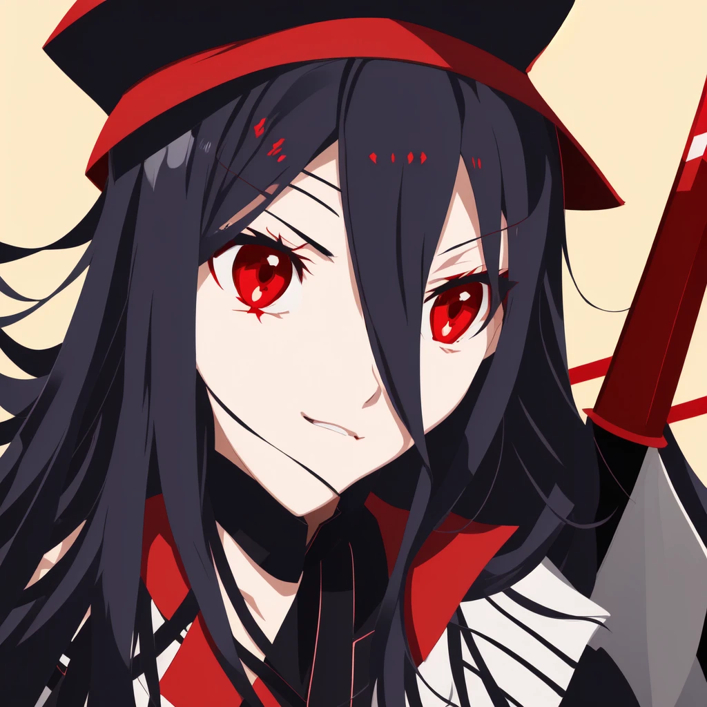 Anime girl with red eyes holding a sword and a red hat, Style of Red Line Anime, Katana Zero Video Game Character, Cute girl anime visual, shuushuu anime character, female anime character, Anime Stills, sao style anime, Kill, kill, kill, Anime style like fate/overnight, Kill, kill, kill illustration, Makai Ryuko