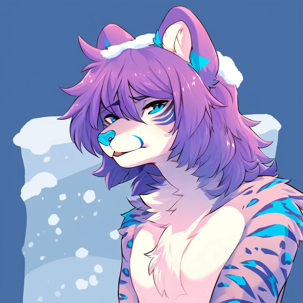 adult, feline, mammal, anthro, anthromorphic, snow, leopard, striped_feline, fur, furred_anthro, fluffy_tail. femboy, male, bangs, ear_tufts, blue_nose, blue_fingers, hair_tuft, hair_between_eyes, short_tail, fluffy, feline_ears, expressive_eyes, purple_hair, light looking_at_viewer, legs, legs_visible, thighs, blue_paws, blue_fur, shy, small_pupils, spotted_pattern, stripes, tail, tail_connected_to_body tiger_stripes, digital_art, high_resolution, high_res, tealblue_background, head visible, neck visible, profile_picture