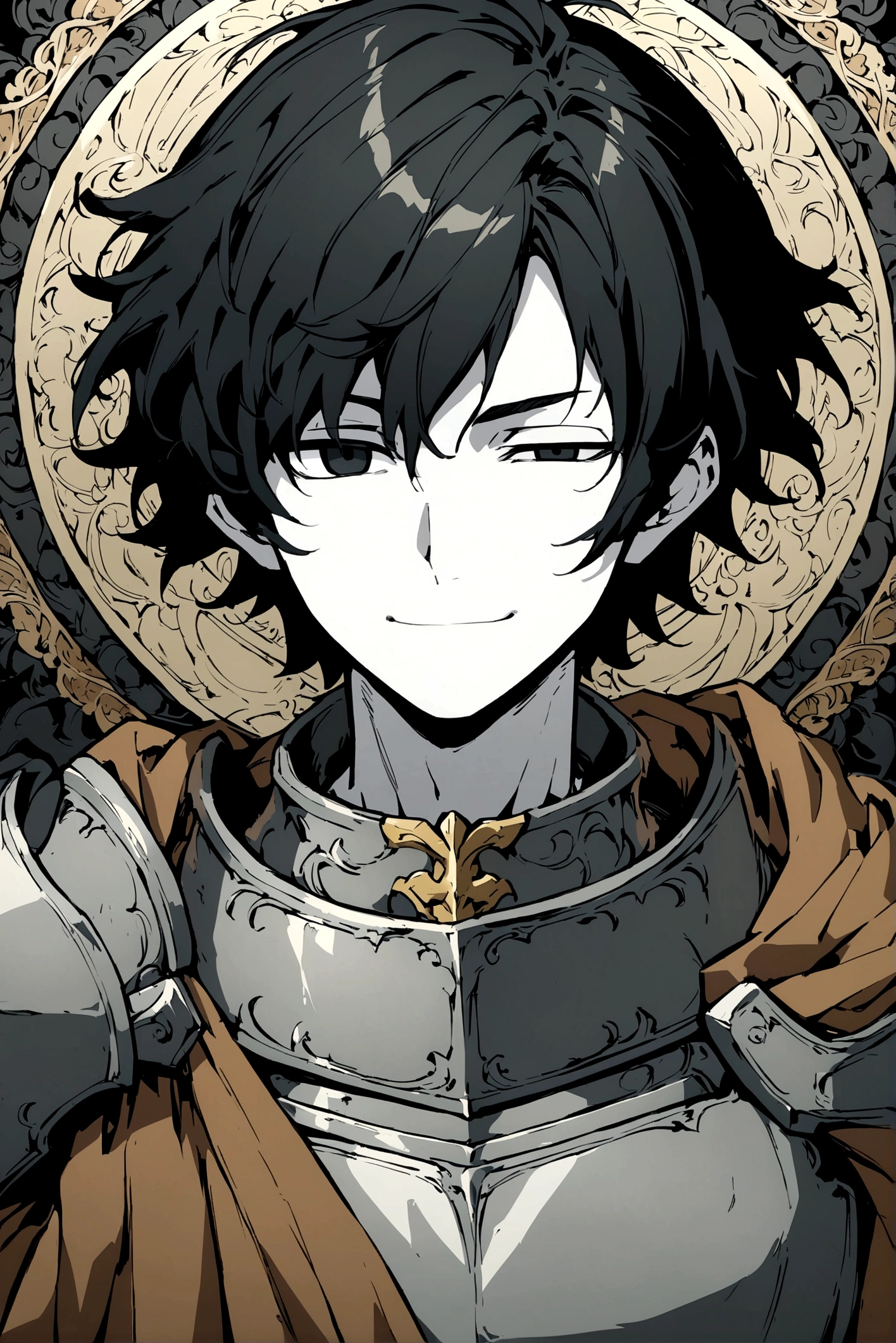 Anime drawing style of an effeminate boy with slightly long black hair with pale skin and black eyes wearing gray armor with brown cloth while having an innocent smile although he is missing one eye which he covers with a metal plate