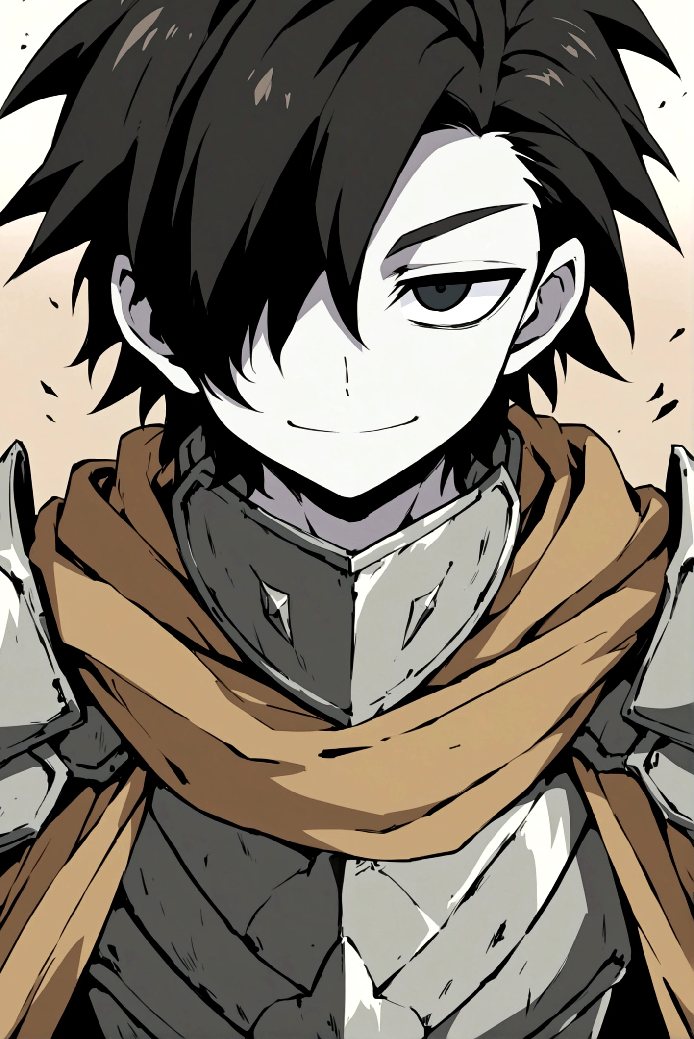 Anime drawing style of an effeminate boy with slightly long black hair with pale skin and black eyes wearing gray armor with brown cloth while having an innocent smile although he is missing one eye which he covers with a metal plate