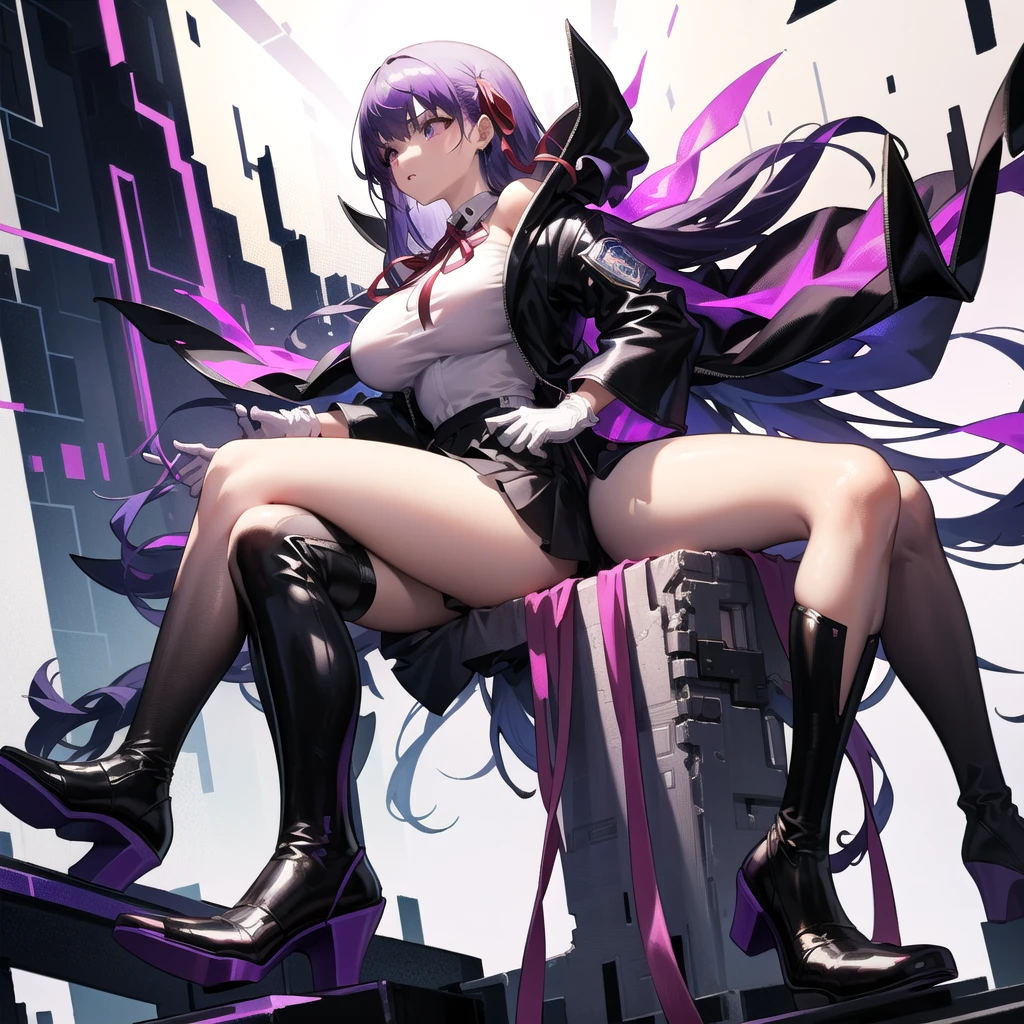 [(white background:1.5),::5], full body, isometric, mid shot, city, night, cyberpunk, sitting,, purple hair, black jacket, white shirt, black skirt, red ribbon, large breasts, purple eyes, white gloves, long hair, large collar, 