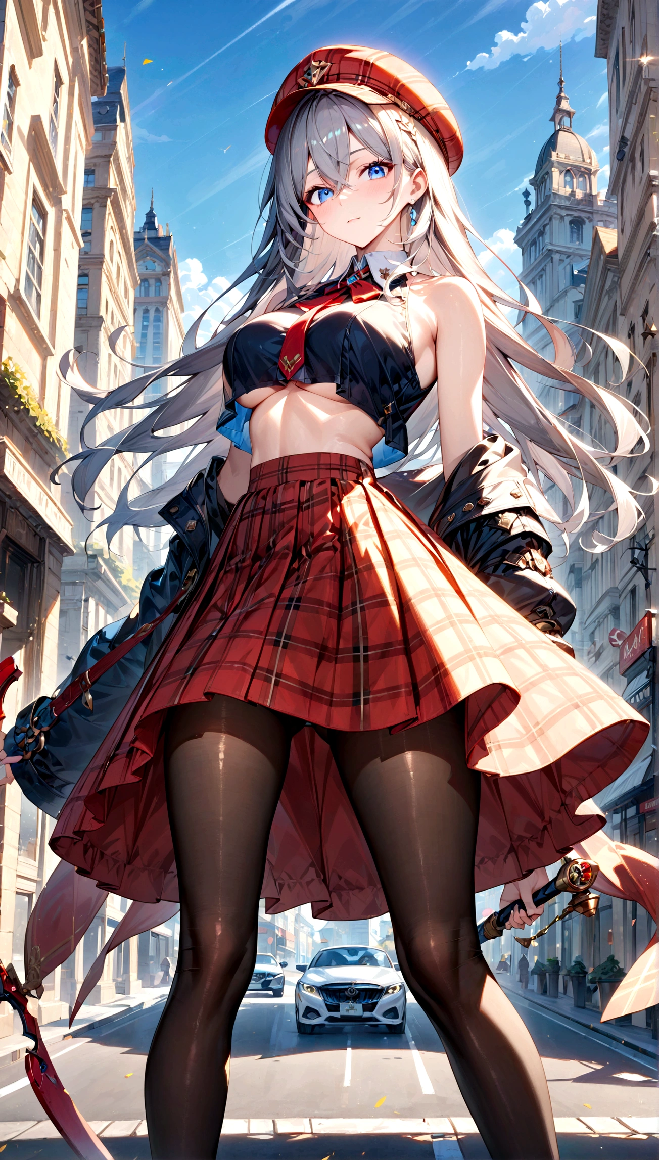 score_9, score_8_up, score_7_up, score_6_up, masterpiece, top quality, best quality, official art, beautiful and aesthetic, anime_source, centered, cinematic shot, 1girl, alisa ilinichina amiella, solo,grey hair,long hair,blue eyes,hair between eyes, pantyhose,underboob,bare shoulders,black crop top,red headwear,red plaid skirt, holding giant mechanical weapon, apocalypse city street background, Expressiveh, Ultra HD, 4k image