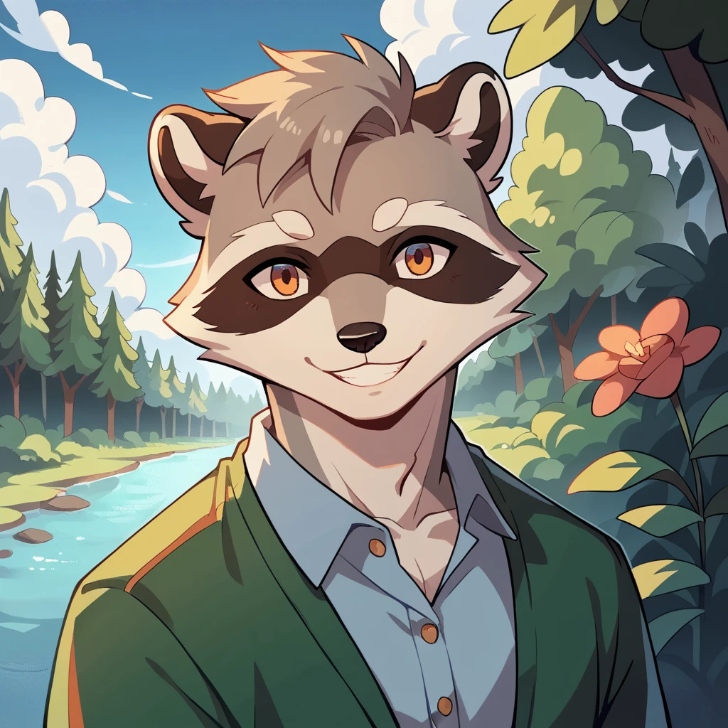 Top quality, high resolution, high quality illustrations, incomparable masterpiece (life movie) forest, cloudy sky, Clouds, floral beautiful garden (furry ant, raccoon, alone, boy, Casual fashion, Relux poses, smile) absurdities , perfect anatomy, animated style, dynamic angle,