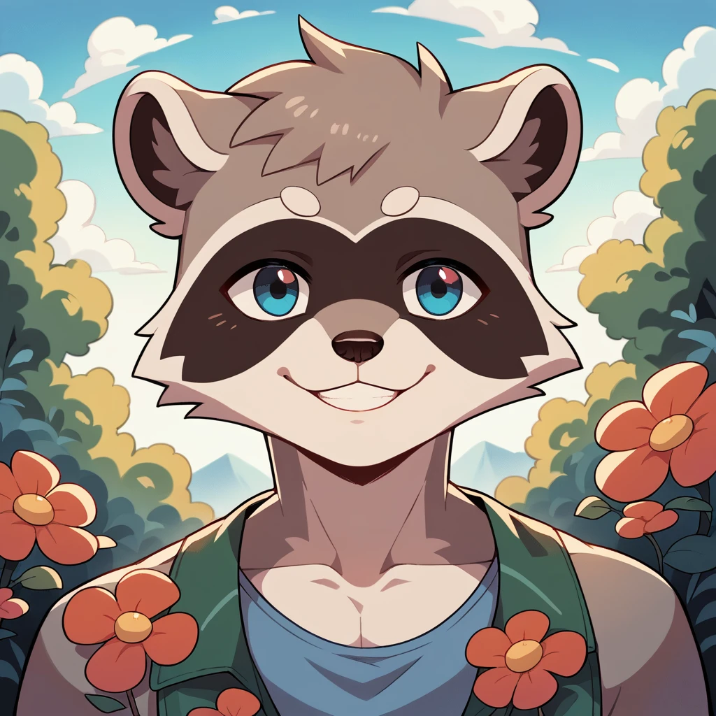 Top quality, high resolution, high quality illustrations, incomparable masterpiece (life movie) forest, cloudy sky, Clouds, floral beautiful garden (furry ant, raccoon, alone, boy, Casual fashion, Relux poses, smile) absurdities , perfect anatomy, animated style, dynamic angle,