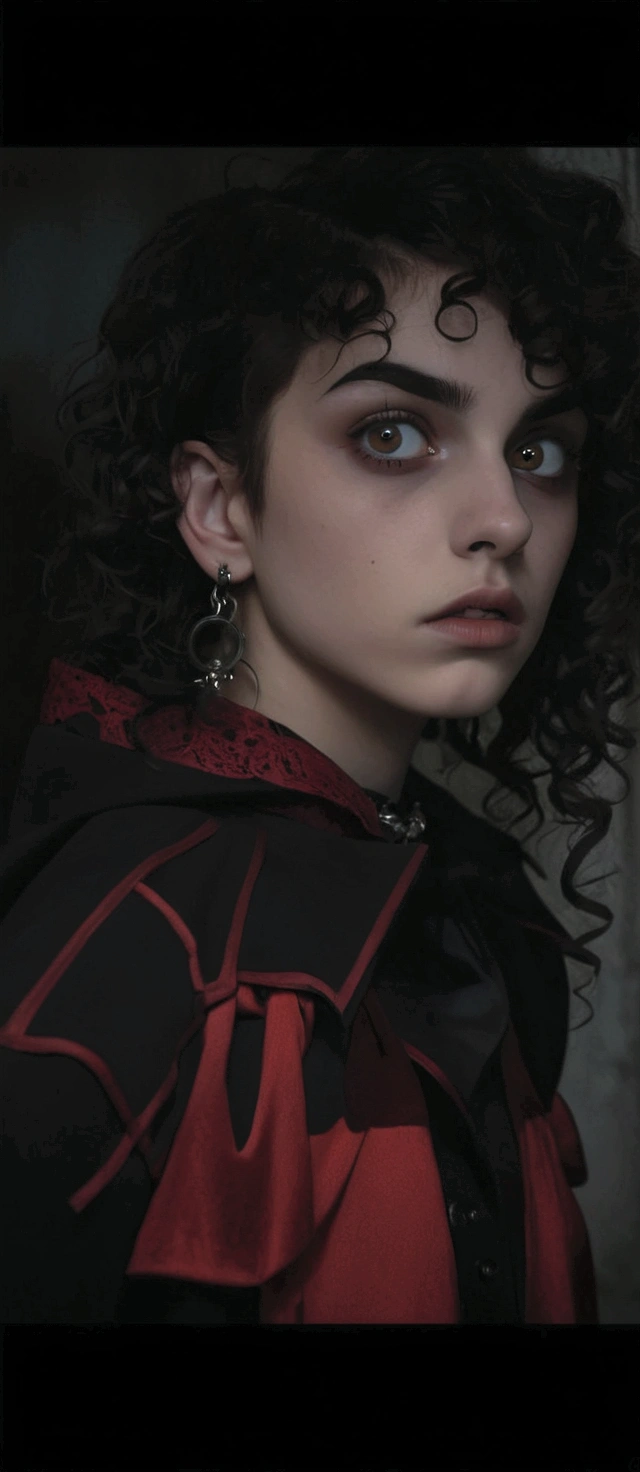a close-up of a woman with a cell phone in her hand, penetrating gaze, dark piercing eyes, usando piercings, about 20 years old, with anxious and penetrating eyes, androgynous face, androgynous, Gothic aesthetic, androgynous vampire, androgynous person, short brown curly hair.