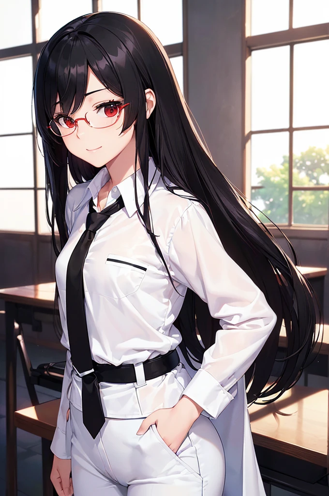 (masterpiece; best quality: 1.2), (finely detailed eyes: 1.3), ((25 year old woman)), ((solo)), (red eyes: 1.4), (body; gorgeous, luscious, femenine: 1.3), (silky black hair: 1.3), (beautiful and clear background: 1.2), ((depth of field)), (equipment: white unbuttoned labcoat + black shirt + white necktie + white pants + black belt + black square glasses: 1.3), (anime illustration: 1.2), (background composition; japanese highschool classroom + furniture: 1.1), (extremely fine and beautiful: 1.1), (shot composition; standing + centered on torso + close-up: 1.5), (expression; calm, small smile: 1.2)