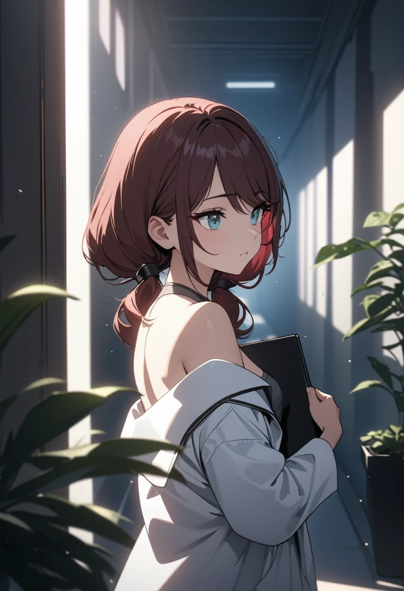 (masterpiece:1.2, Best Quality), (finely detailed beautiful eye: 1.2), (beautiful detailed face), High contrast, (Best Illumination, extremely delicate and beautiful), ((Cinematic Light)), Highest Quality, masterpiece, light particles, close up of young woman holding clipboard, looking to the side, gray eyes, dark red hair in low twin tails, swept bangs, stoic, strapless gray tank top with white trim, off shoulder lab coat, black jeans, small breasts, toned arms,  light particles, few people in background, potted plants, hallway with teal floors and white walls, highest quality, masterpiece