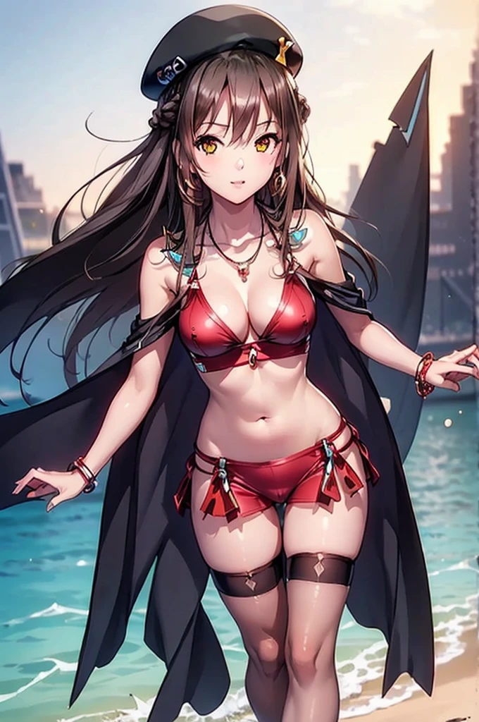 ((Biologically correct limb count)),((Natural finger shape)),((Full Body Shot,Including face)),Standing position,4K,masterpiece,((Focus on the face)),((Symmetrical facial features)),Eye for detailed depiction,Beautiful woman,Great style,Beautiful legs,(Small Ass,Thin thighs),(Patterned black stockings,High heels),Facial details,Small earrings,necklace,Low angle photo,((Red  Swimsuit)),(((Expression of joy))),(((Beach))),(((Swimming in the sea))),(To the camera),Photograph the side of the body,Dark brown hair、Long Hair,Yellow Eyes,No cape needed,