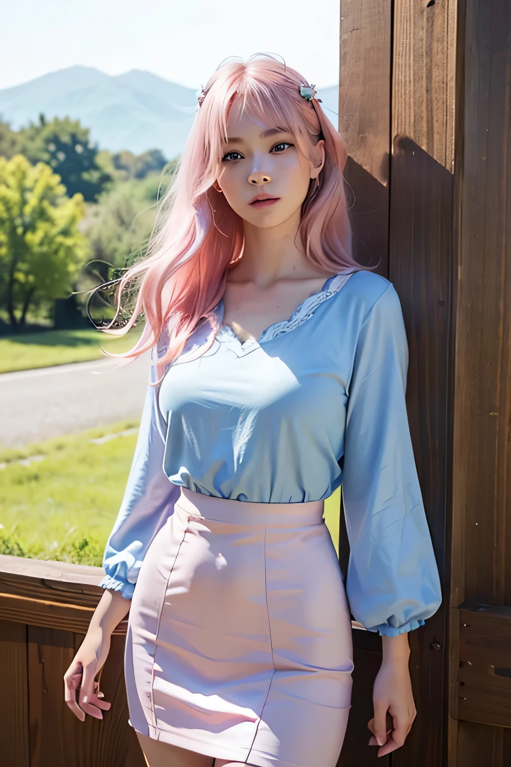 (8K, RAW Photos, Highest quality, masterpiece), (Realistic, photo-Realistic:1.2), Super detailed, 1 girl, cute, alone, beautiful, Natural Lip, beautiful detailed Blue eyes, blue eyes, average body shape, floating Pink Hair, Pink Hair, girl,feminine, Ultra-fine detail, Complex Scenes, Ambient Lighting, Soft glow, elegant, Symmetrical facial features, Accurate anatomy, Anatomically correct girl, Scenic, thin, ether, ???, Mild, wise, shy, Pink Hair, blue eyes, Wearing a blue garland dress, Cowboy Shot