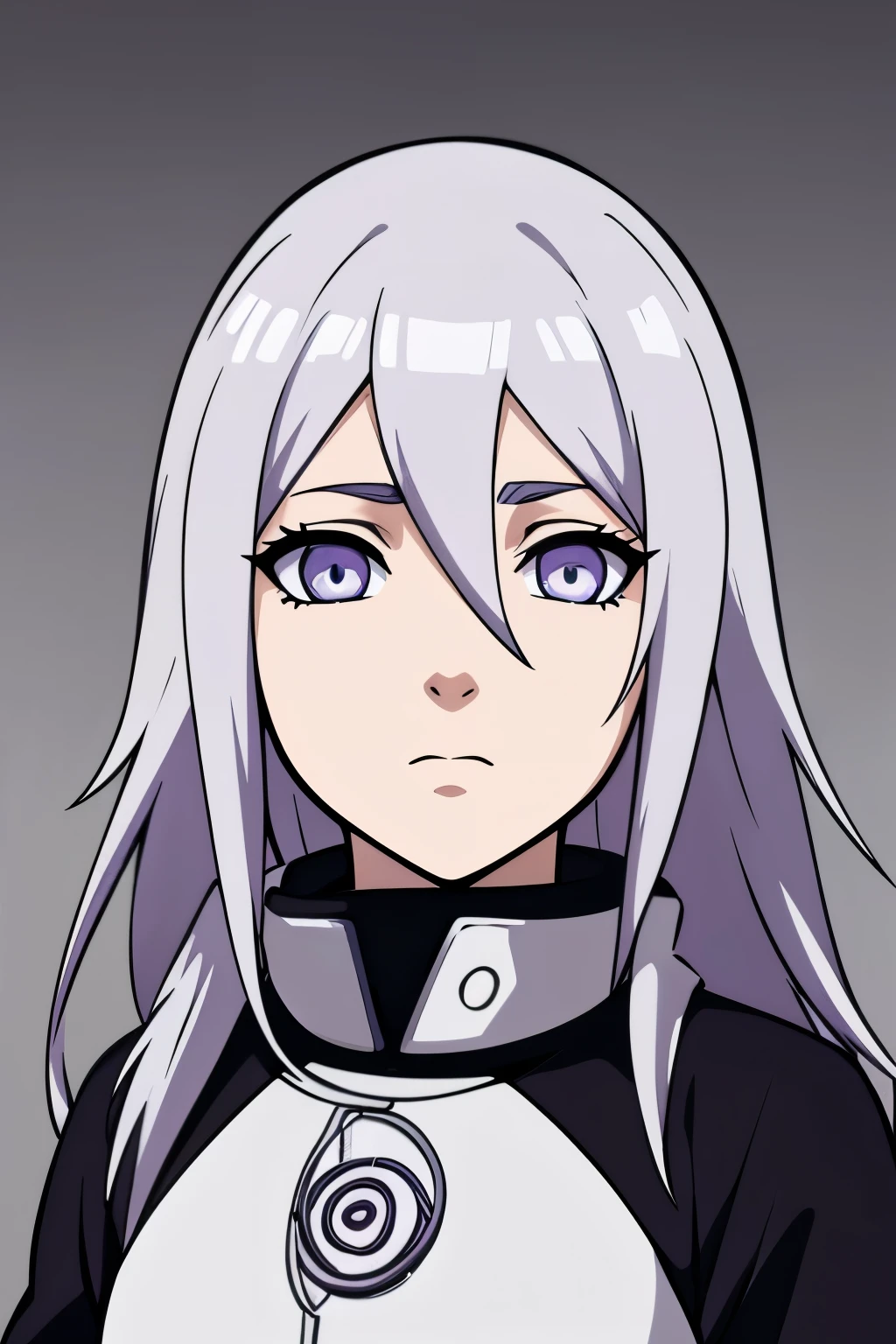 (high-quality, breathtaking),(expressive eyes, perfect face) portrait, Symmetrical Eyes, 1girl, female, solo, teenager, short height, white hair, white coloured eyes, byakugan, naruto art style, long hair, fluffy hair, feminine face, grey background, detailed eyes, hyuga, Ōtsutsuki, naruto ninja attire, neutral expression, soft smile, purple and black clothing, white trim, long sleeves, white dress, hair between eyes, bare shoulders, jacket, cowboy shot
