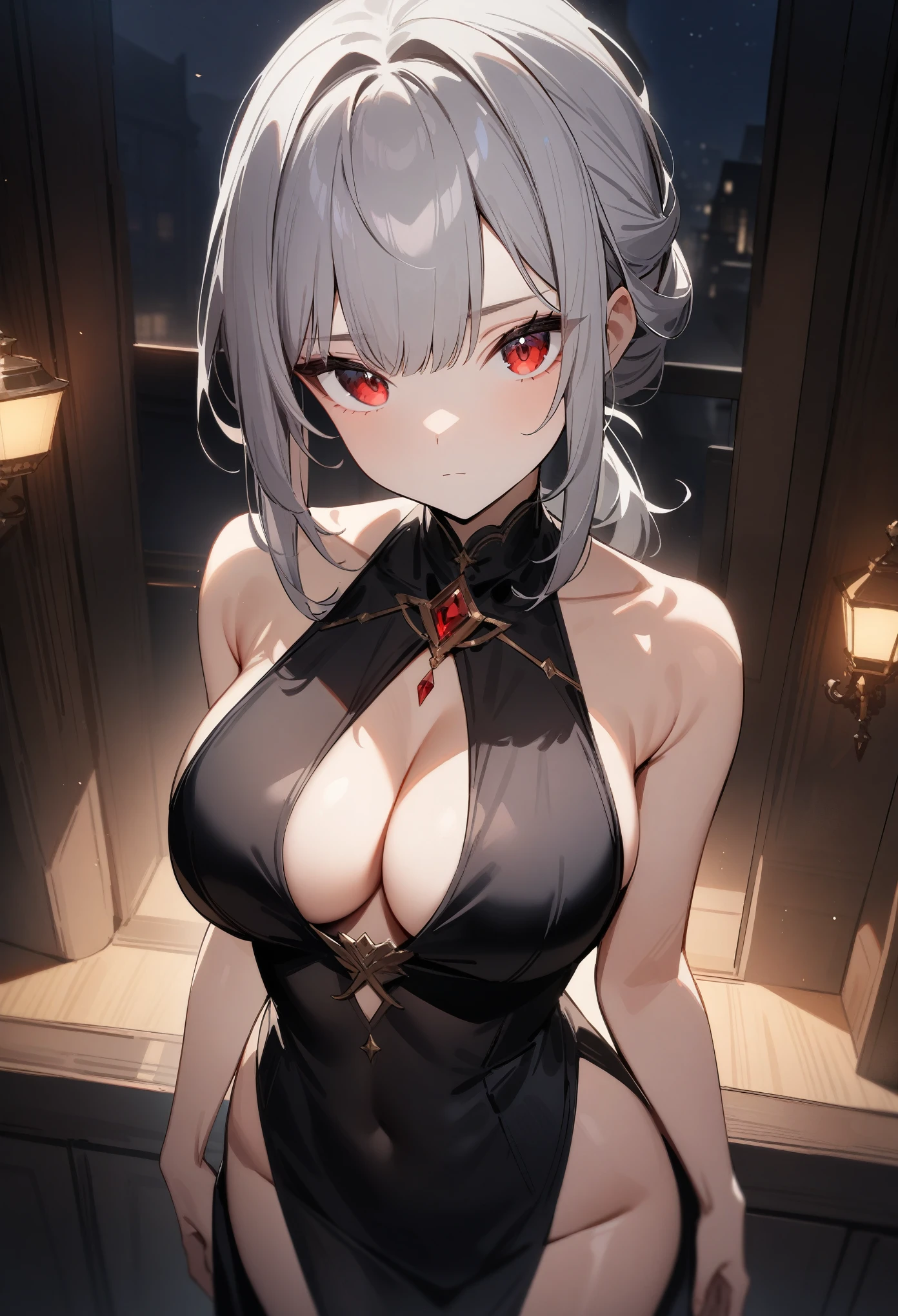 masterpiece, best quality, very aesthetic, absurdres, 1girl, sensitive, looking at viewer, grey hair, ponytail, bangs, eyebrows, red eyes, large breasts, cleavage, (revealing clothes), black dress, sleeveless, standing, closed mouth, expressionless, indoors, night