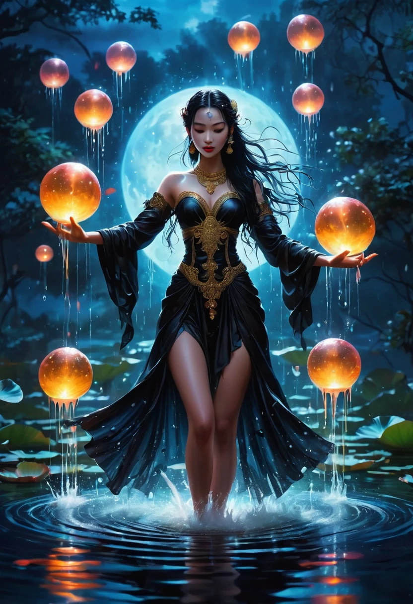 rainstorm,Rain splash,In the middle of the lake, Mysterious female black silhouette in the middle of the night, Surrounded by glowing spheres, Summoners dance to appease the spirits of the dead. Ceremonial canvas clothing. Sensual. Multiple magic arrays. Dynamic dance. Water Lily. Colorful palette.