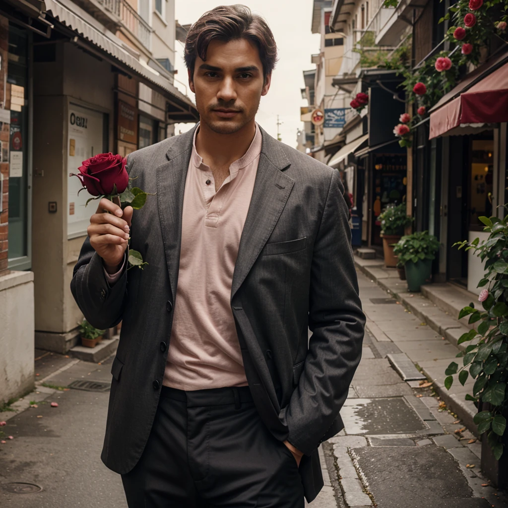 A man with a rose in his hand