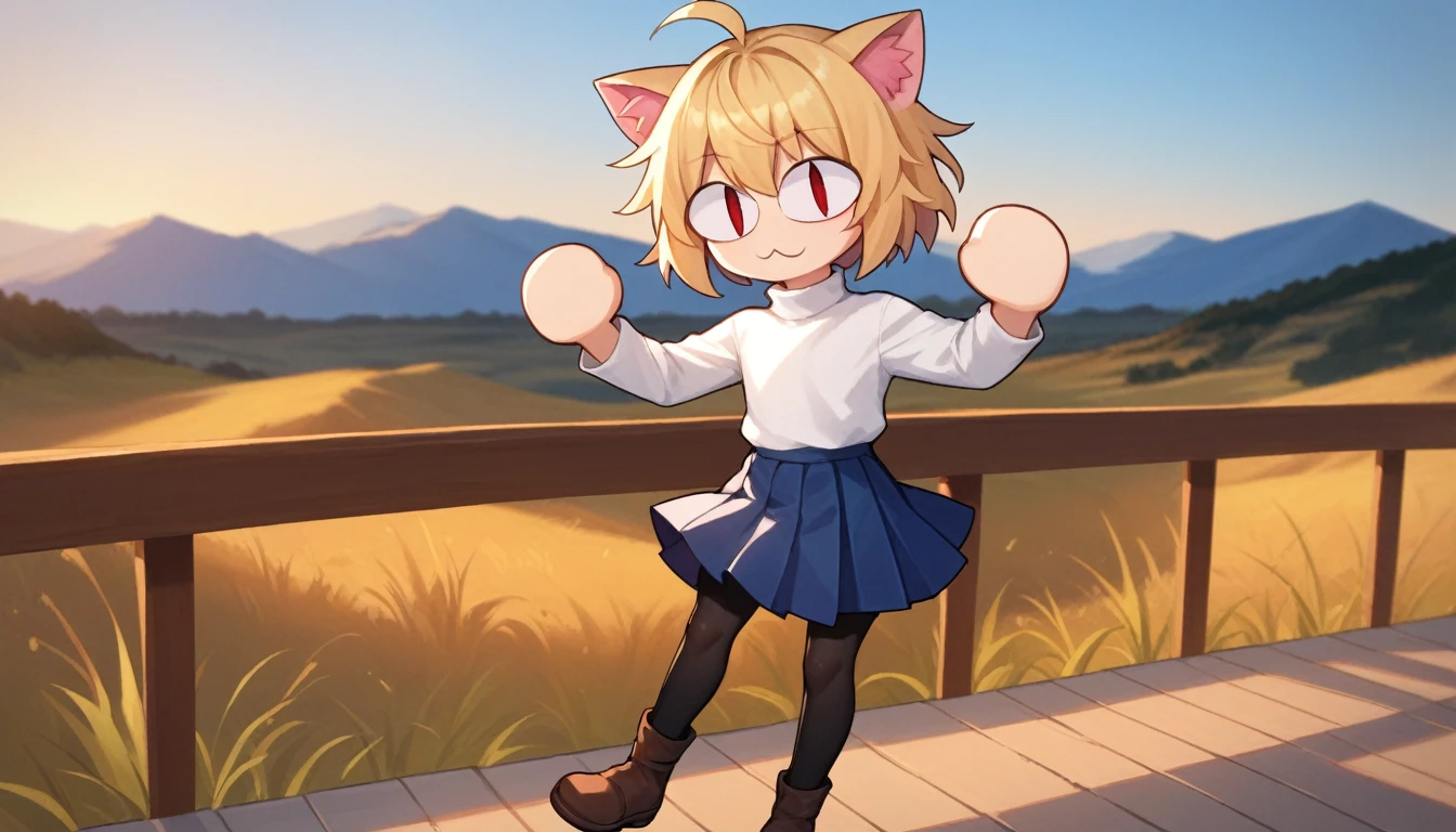 score_9, score_8_up, score_7_up, score_6_up, score_5_up, score_4_up, BREAK, 1boy, solo, necoarc, lit pupils, cat ears, blonde hair, red eyes, :3, turtleneck, blue skirt, pleated skirt, pantyhose, brown footwear, femboy, cool pose, highlight thighs, landscape