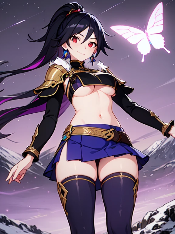 vibrant colors, female, masterpiece, sharp focus, best quality, depth of field, cinematic lighting, ponytail, black hair, red eyes, fur armor, mountain, bright smile, night sky, long sleeves, skirt, black thighhighs, shirt, blue shirt, streaked hair, purple skirt, hair ornament, earrings, thighs, jewelry, smile, skin tight outfit, butterflies, underboob,