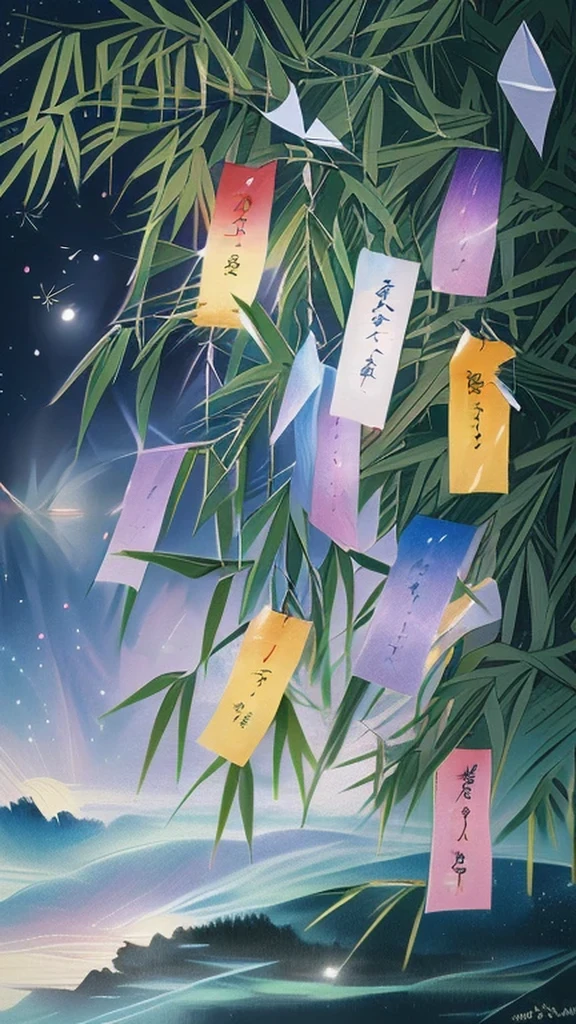 Many colorful sticky notes hanging from the tree, quiet night. デジタルAn illustrationレーション, a Beautiful artwork illustration, Ju Lian, Japanese painting, Magic notes, Wallpapers – 1 0 2 4, An illustration, Night lantern, Prayer flags, Summer Festival Night, summer night, Written by Lee Mi Soo, Beautiful artwork, フルカラーAn illustration, Magic Background, Hanging many strips of paper from the tree, A thousand paper cranes、There are also many Tanabata origami decorations hanging., Many ornaments are hanging on the tree, The fantastic Japanese Tanabata, 