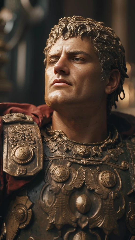 a close up of a statue of a man in armor, cinematic close-up bust shot, cinematic bust shot, roman emperor, inspired by Pogus Caesar, cinematic bust portrait, caesar victorious, inspired by Caesar van Everdingen, realistic 8k bernini sculpture, inspired by Caesar Andrade Faini, caesar, by Pogus Caesar, Augustus Caesar, perfect eyes