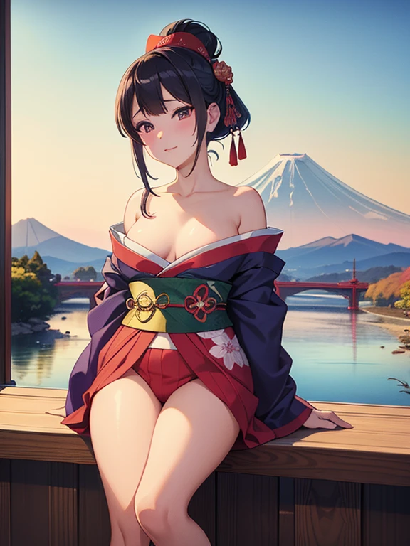 (Highest quality、masterpiece、High resolution、8K)、Vibrant colors、Ukiyo-e、Utamaro、Kimono Beauty、river、Mount Fuji in the distance、Japanese Landscape、Official Art、