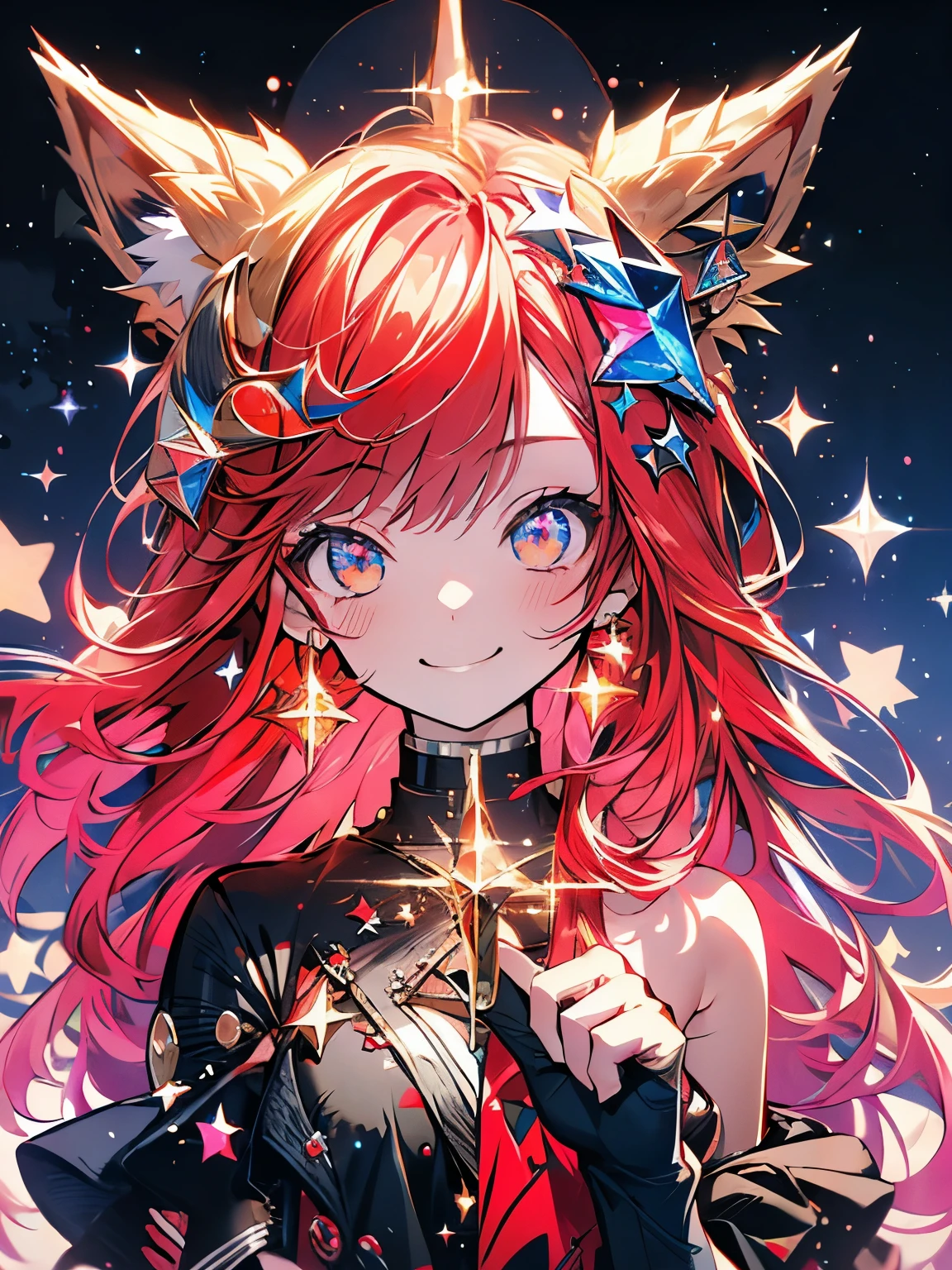 masterpiece、girl、Red Hair、Sparkling eyes、Cat Ears、smile、Shining Background、Starry Ski、Rainbow colors、Starry Sky、milky way、Upper Body