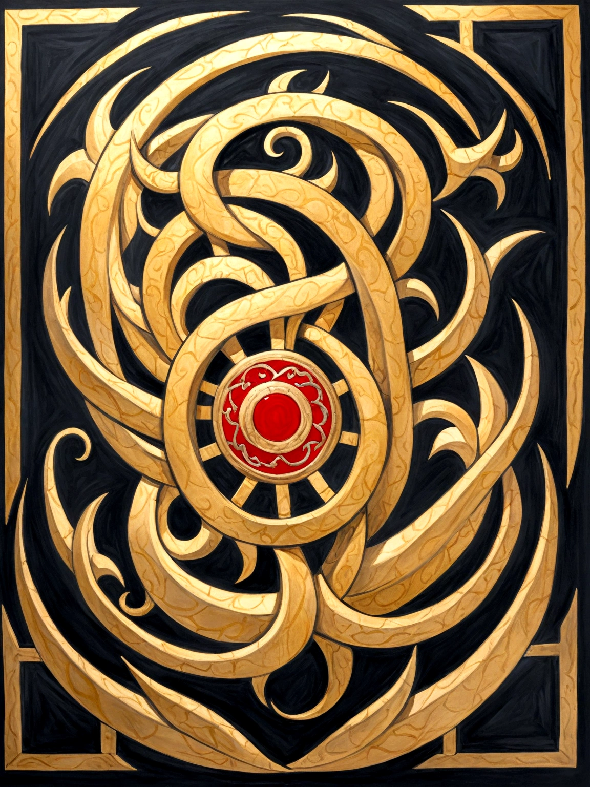 A sticker of GU, depicted as a horn, designed as a black and white tattoo with red accent elements. The horn is shown with intricate details, including finely etched lines that highlight its curves and natural texture. Surrounding the horn are symbols of strength and protection, such as traditional sumerian motifs and cuneiform inscriptions, emphasizing its role as a symbol of power and protection in battles. The background includes elements such as stylized waves and geometric patterns, adding depth and context to the design. The overall design is in black and white, with deep blacks and bold contrasts, while red accents are used to highlight key elements such as the cuneiform symbols and specific parts of the horn. The composition follows the golden ratio,no golden ink, creating a striking and bold yet elegant tattoo design.
