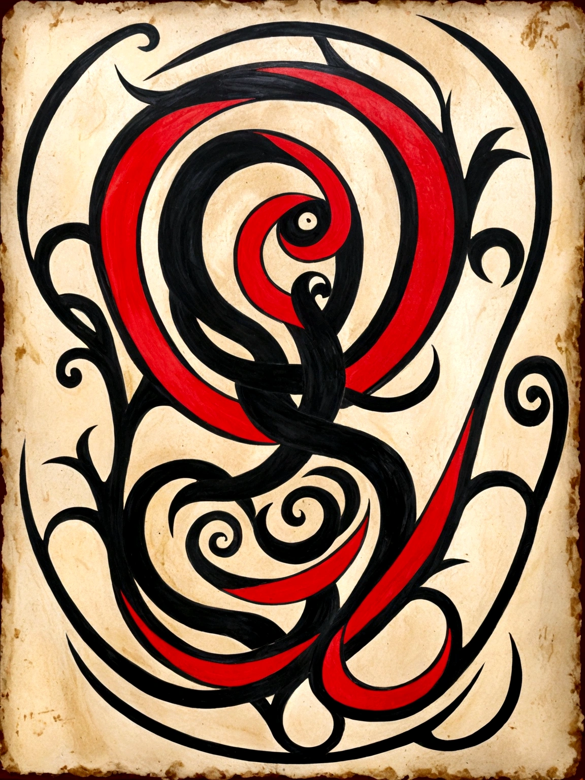 A sticker of GU, depicted as a horn, designed as a black and white tattoo with red accent elements. The horn is shown with intricate details, including finely etched lines that highlight its curves and natural texture. Surrounding the horn are symbols of strength and protection, such as traditional sumerian motifs and cuneiform inscriptions, emphasizing its role as a symbol of power and protection in battles. The background includes elements such as stylized waves and geometric patterns, adding depth and context to the design. The overall design is in black and white, with deep blacks and bold contrasts, while red accents are used to highlight key elements such as the cuneiform symbols and specific parts of the horn. The composition follows the golden ratio,no golden ink, creating a striking and bold yet elegant tattoo design.