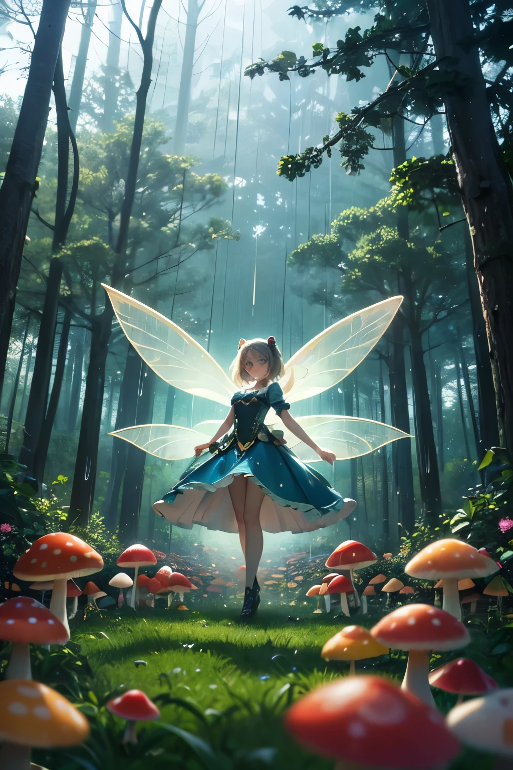 detailed, 8K, Movie angle, in the rain、Fairy Lady、whole body、Front facing、Dancing in a forest of mushrooms、