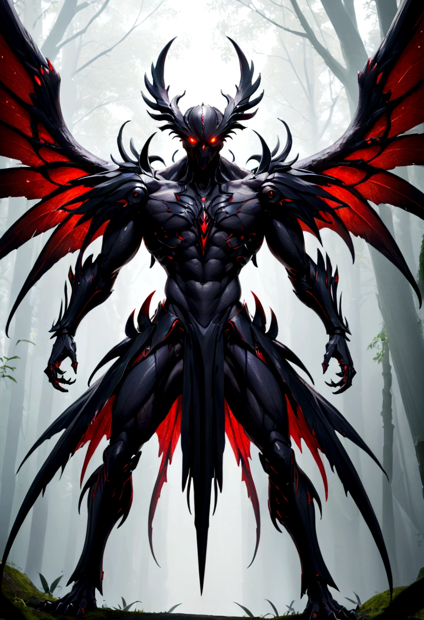 Monster with black skin and red eyes with wings, body looks like it is completely made of blades and its black wings are gigantic