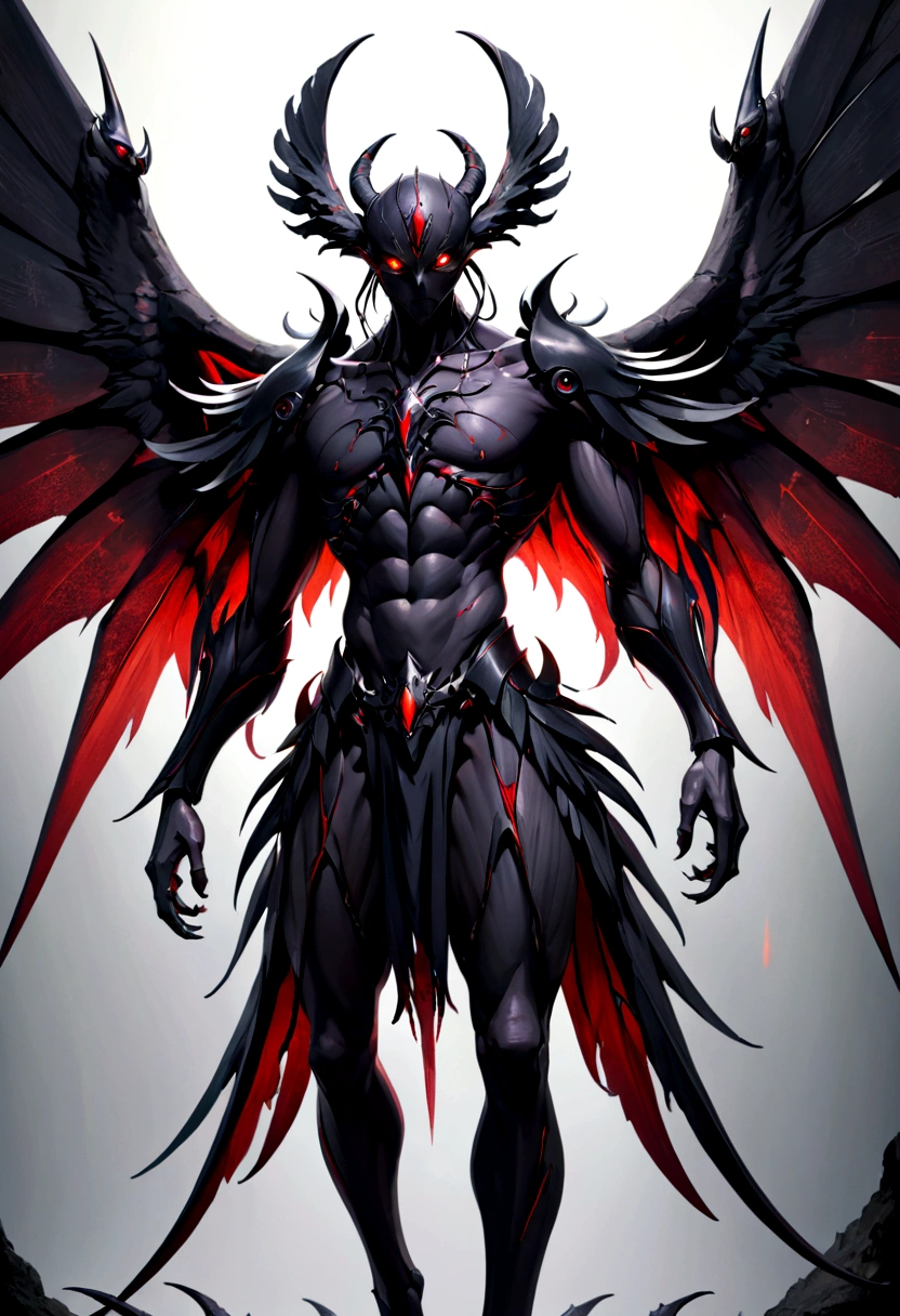 Monster with black skin and red eyes with wings, body looks like it is completely made of blades and its black wings are gigantic