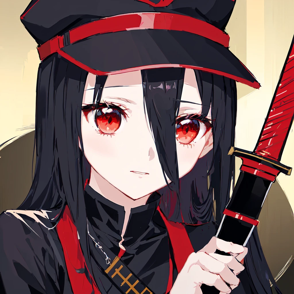 Anime girl with red eyes holding a sword and a red hat, Style of Red Line Anime, Katana Zero Video Game Character, Cute girl anime visual, shuushuu anime character, female anime character, Anime Stills, sao style anime, Kill, kill, kill, Anime style like fate/overnight, Kill, kill, kill illustration, Makai Ryuko