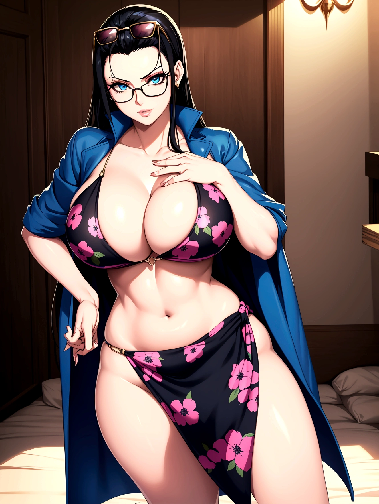 ((high aesthetic)), art by kipteitei, absurdres, absurd resolution, highly rated, highres, art by kipteitei, high resolution, best quality, masterpiece, full body, (facing viewer), 1girl, ((solo)), indoors, clothed, perfect face, perfect eyes, neneneji, tight outfit, smile, natural skin texture, 4k textures, hdr, intricate, highly detailed, y lips, thick lips, hyperdetailed, matuale, , nico robin, long hair, black hair, hair slicked back, eyewear on head, sunglasses, blue eyes, collarbone, cleavage, ket, cropped jacket, partially unzipped, short sleeves, midriff, pink sarong, print sarong, skinny