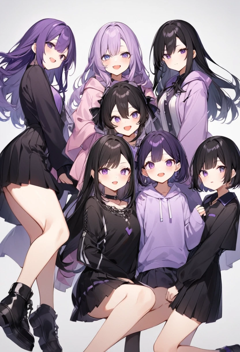 Keito。Purple hoodie。Black Skirt。Purple Eyes。Black Hair。Black shoes下。Black shoes。6 people。The eldest daughter has purple hair。all female。6 people