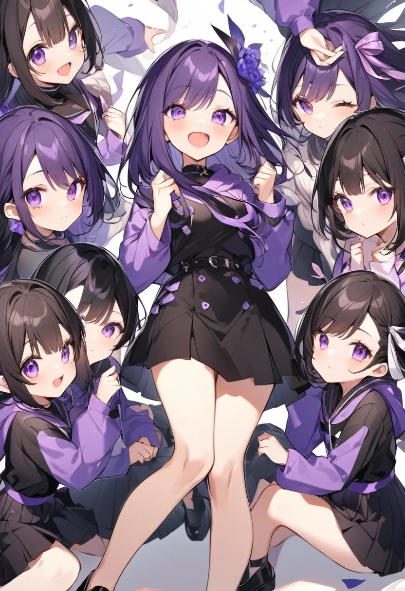 Keito。Purple hoodie。Black Skirt。Purple Eyes。Black Hair。Black shoes下。Black shoes。6 people。The eldest daughter has purple hair。all female。6 people